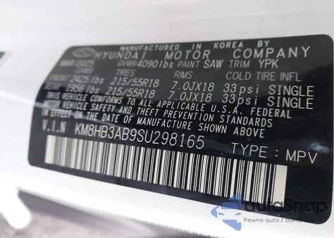 2025 Hyundai Kona Sel z USA, uszkodzony, nr VIN KM8HB3AB9SU298165